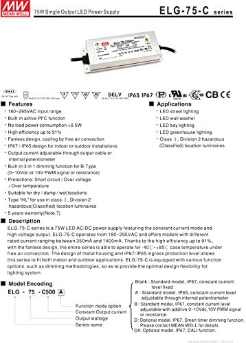 [PowerNex] טוב ELG-75-C1050D2 71V 1050mA 74.55 W פלט יחיד מיתוג LED אספקת חשמל עם PFC